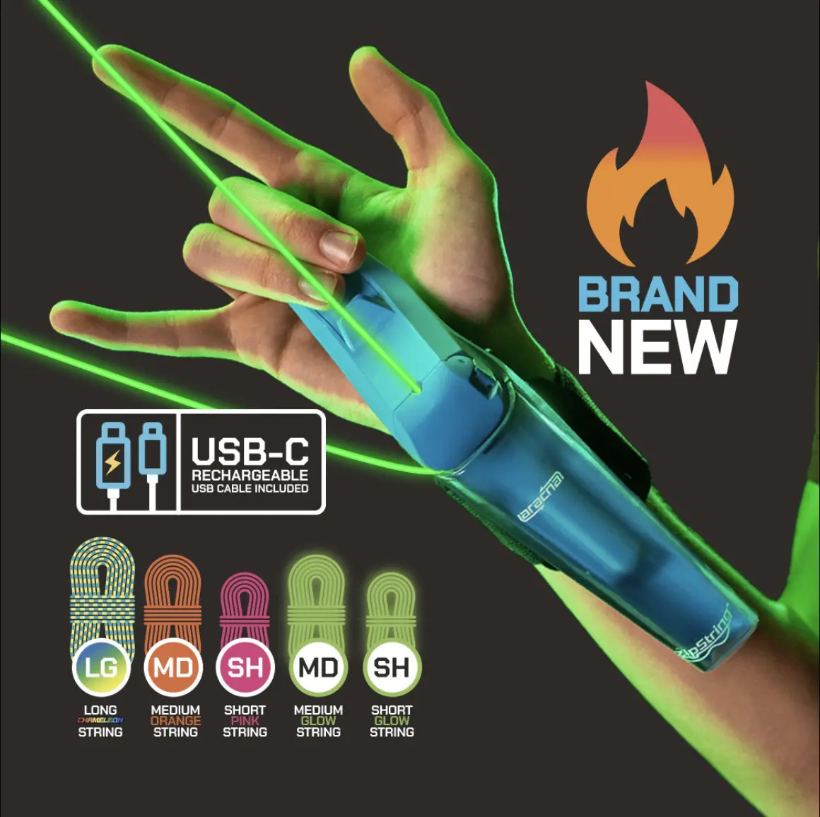 ZipString Aracna String Launcher Toy | Glow-in-the-Dark Web Shooter with Retractable Flying String | USB-C Rechargeable Interactive Fidget Toy Colorful