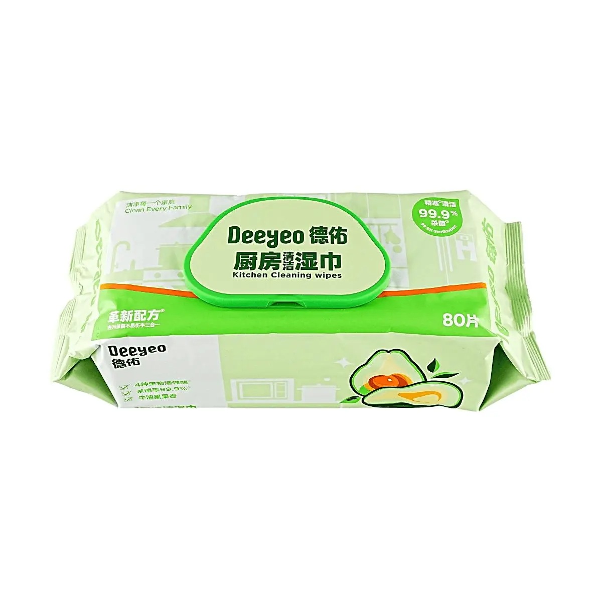Deeyeo Biodegradable Avocado Scented Easy-to-Clean Kitchen Wipes - 80 Count, Degreasing Multipurpose Wipes for Home & Office, Enables Quick Cleanups, Cleans Countertops, Removes Spills