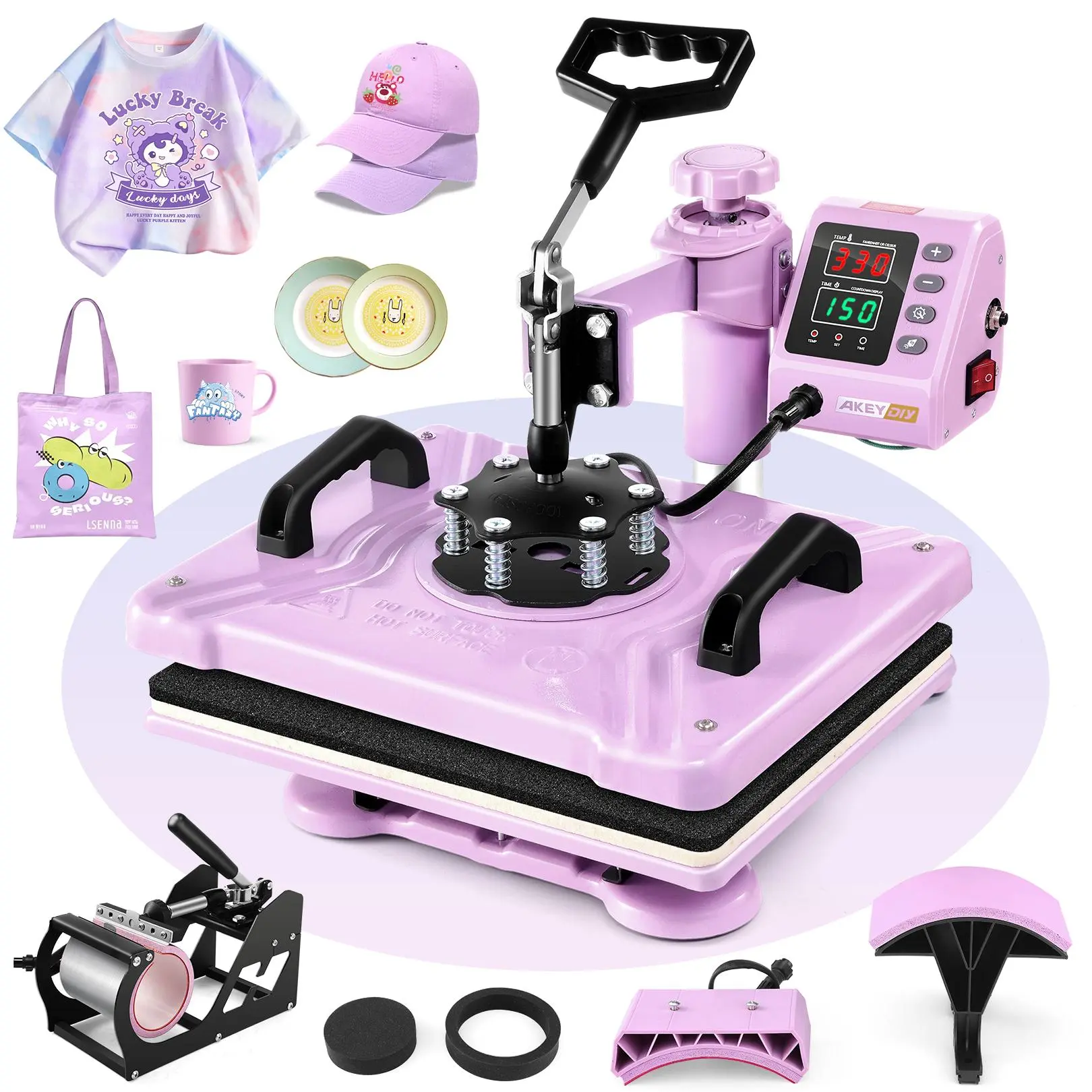 AKEYDIY Purple Pink Heat Press Machine 5 in 1 for Tshirts, Heat Transfer Machine, 15''x12'' Heat Printing Press for Sublimation Combo with 360° Swing Away for Hat Cap Mug Plate,Christmas Gifts for DIY Lovers,Mother's Day Gifts,back to school