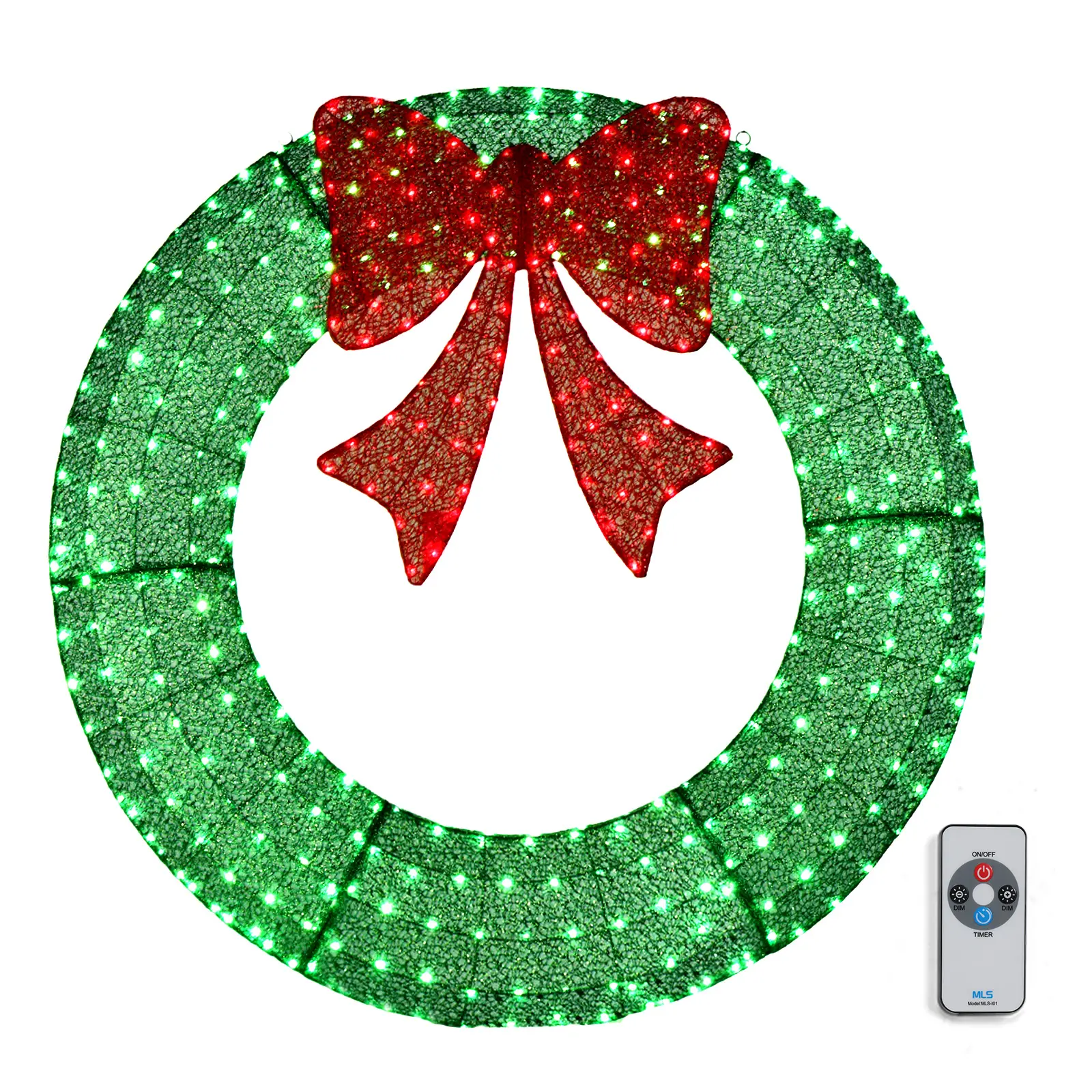 48 Inch Pre-lit Large Christmas Wreath, Outdoor Christmas Wreath with 315 LED Lights for Garage, Windows, Christmas Door Wreath Decorations with Red Bow, Timer Remote Control, Plug-in, Green