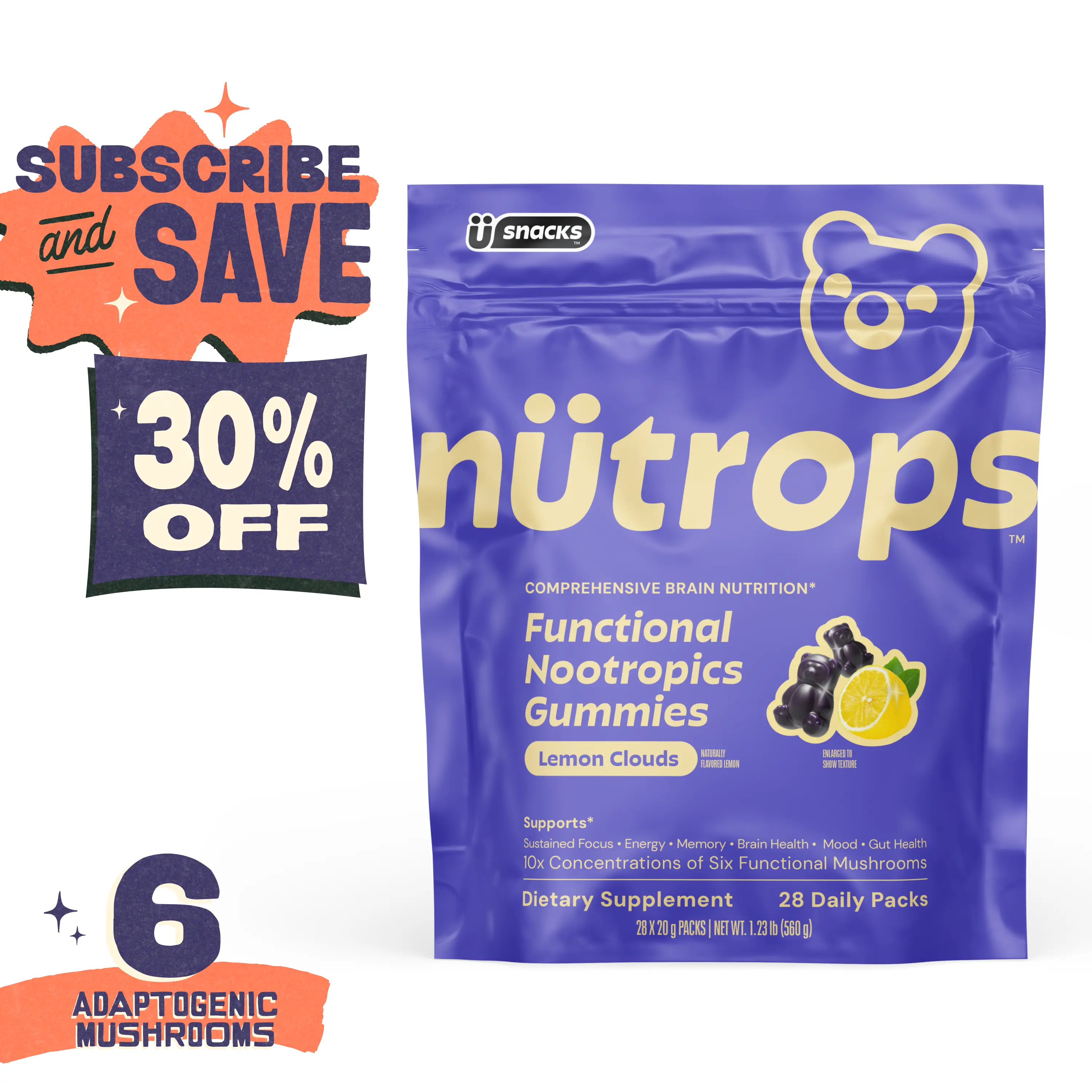 Nütrops Mushroom Gummies (Lemon Clouds Flavor): Functional nootropic supplement with 1,000mg 10:1 organic mushroom extract from 6 mushrooms: Lion's Mane, Cordyceps, Reishi, Chaga, Maitake, Coriolus, Caffeine Free, Gluten Free, Vegan, Third Party Tested