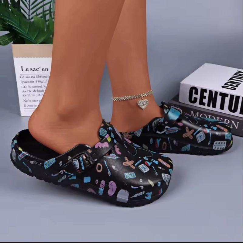 Medical Healthcare Workers Cartoon Print Platform EVA Clogs Mules Walking Shoes with Beautiful Print - Women Footwear Comfort Lightweight Buckle Water-Resistant Stylish & Practical Girl classic slip-on fashion walk shoe slipper Women's