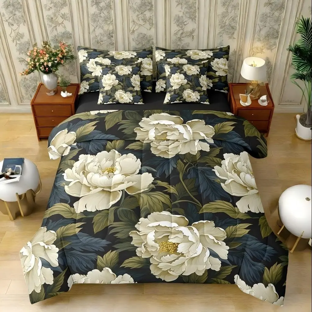 Boho Peony Comforter Set with Sheets,Flower Floral 7-Piece Bedding Set,Spring Groovy Floral Bed in a Bag, Bedding Sets, Queen Bedding Sets