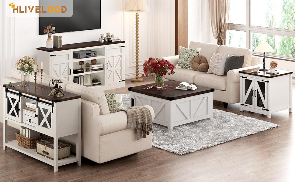 66" Farmhouse TV Stand with Power Outlets for 75 65 Inch TVs, 33" Tall Entertainment Center with Storage Cabinets with Adjustable Shelves, Rustic Large TV Media Console for Living Room