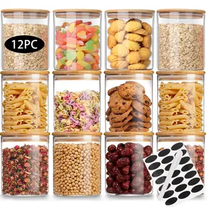 500ml, 17 ounces, 12 pieces with covered pasta glass storage jars, including note paper, note pens, sealed kitchen food cans, transparent cylindrical storage sealed containers, suitable for canned grains, noodles, seasonings, candies, etc. Good gifts