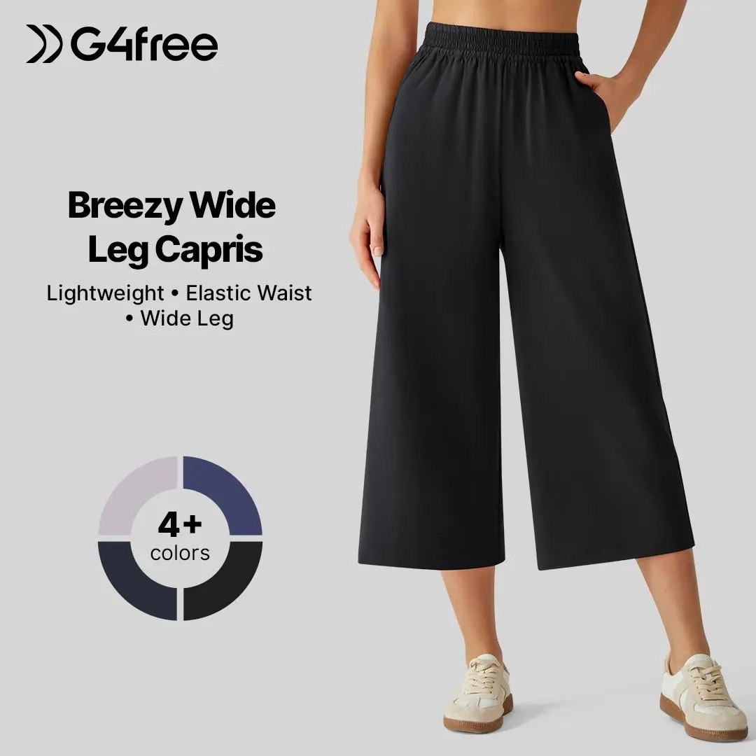 G4Free Chillwhisp Women's Lightweight Wide-Leg Flowy Capri Pants, Elastic Waist Palazzo Cropped Pants for Yoga, Black