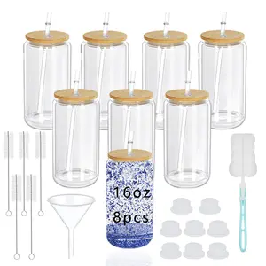 KAFUFU 8 Pack 16oz Double Wall Snowball Cup with Bamboo Lids & Straws, Pre-Drilled Acrylic Tumblers for DIY Crafts, Reusable Water Bottle Set with Complete Tool Kit & Funnel, Leakproof Car Cup for Iced Coffee, Cold Brew Essentials Drinkware Bottled Mug