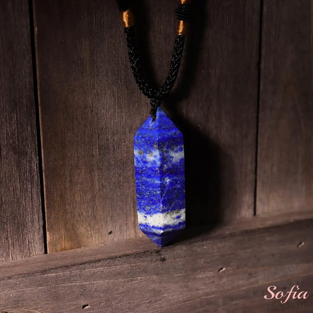 Handmade Boho Bohemian Sofia Natural Blue Lapis Lazuli Stone Wand Pendant Necklace, Adjustable Rope, 24in Gem Natural Crystal Necklaces & Pendants for Daily Wear, Boho Style, Gemstone Charm