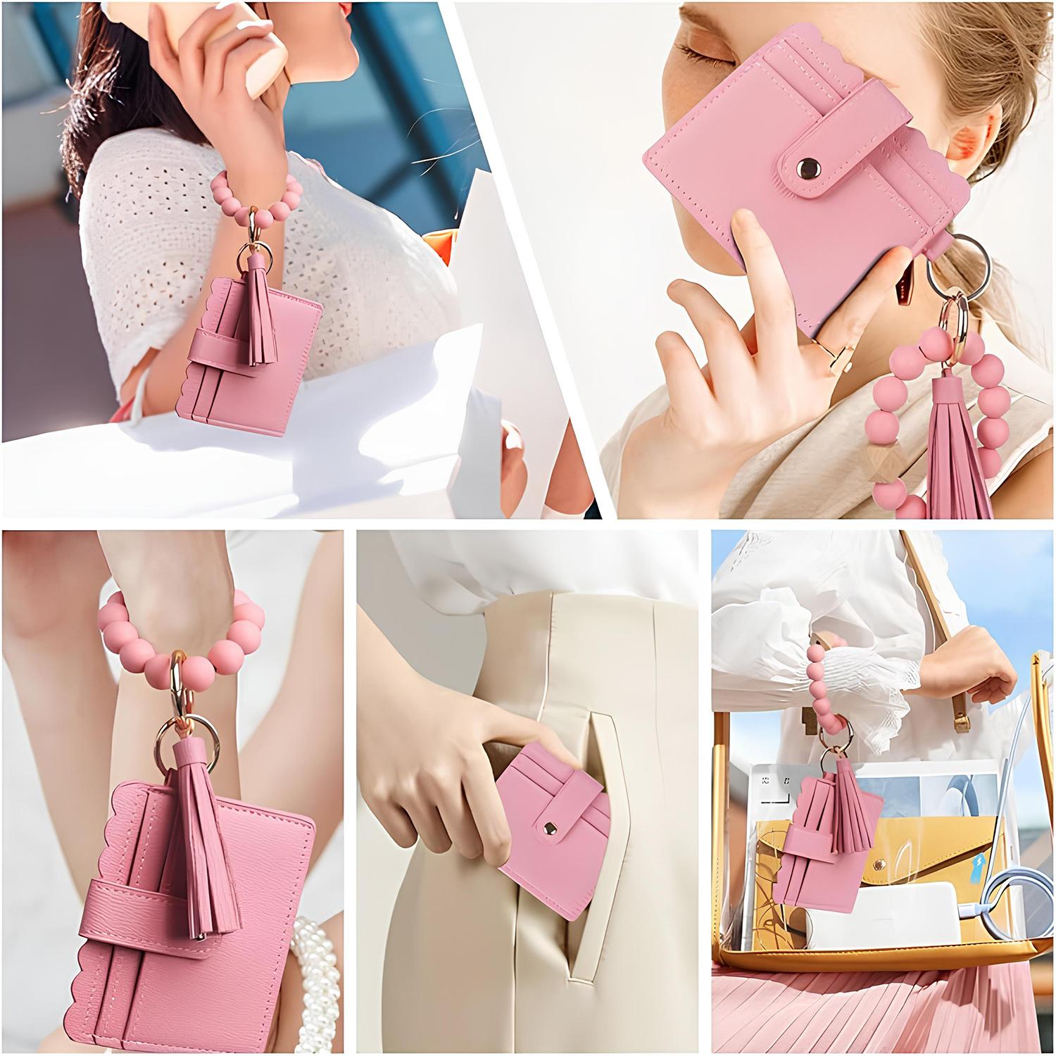 SSYERT PU Keychain Short Wallet,Leather Print Key Chain Student Bus ID Card Bag Boho Beaded Accessory Card Hand Bag Slim RFID Blocking Wristlet Small Credit Card Holder for Birthday Gift,Daily Use