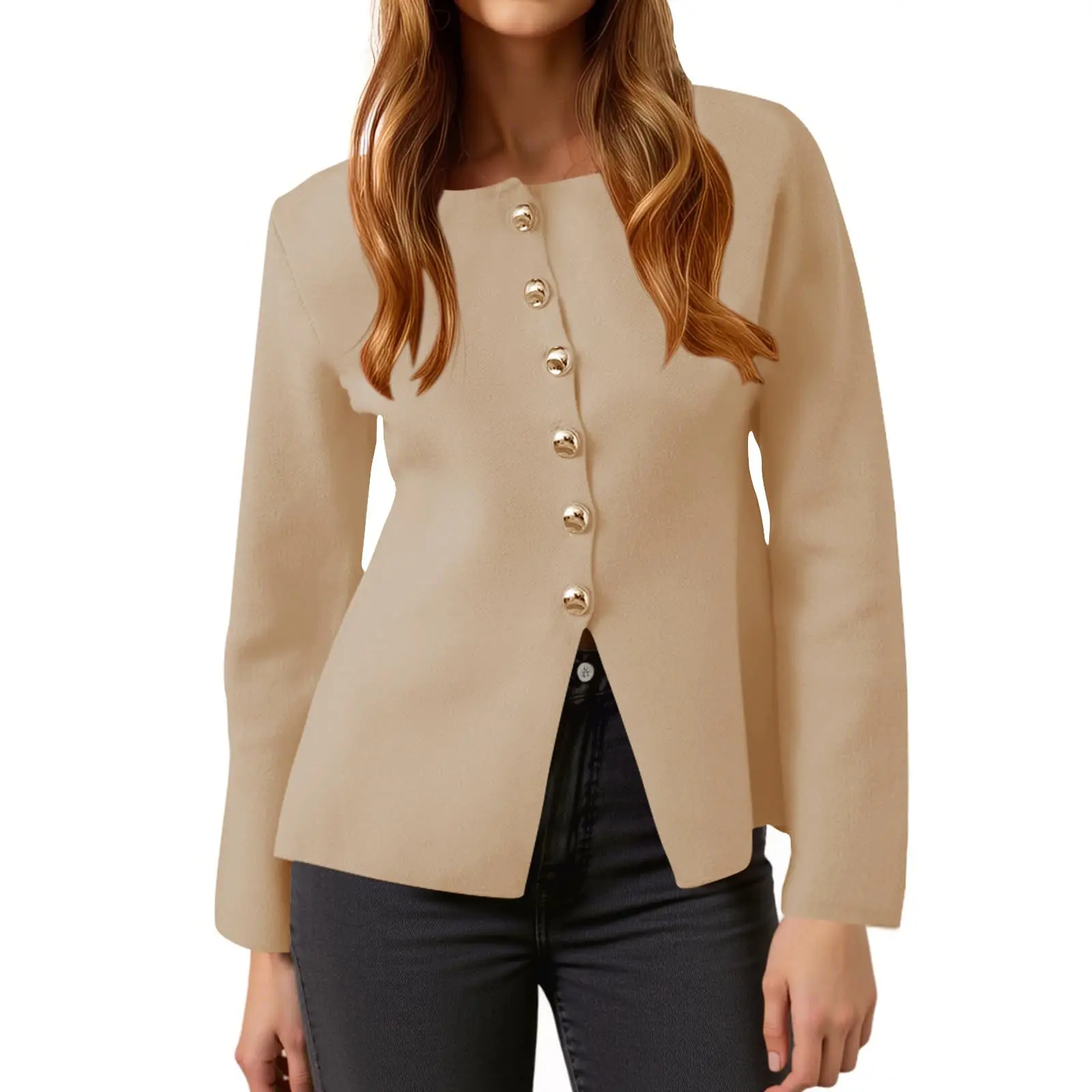Cicy Bell Women's Button Up Cardigan Sweaters Lightweight Long Sleeve Knit Tops Business Casual Round Neck Fitted Jacket Knitwear Minimalist White Knitwear Womenswear Crewneck