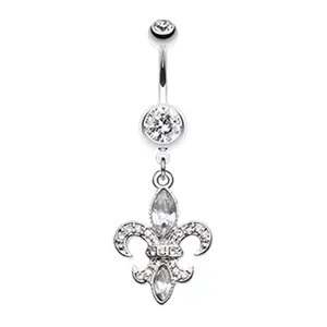 CZ Crystal Fleur De Lis Dangling Belly Button Ring - Stainless Steel