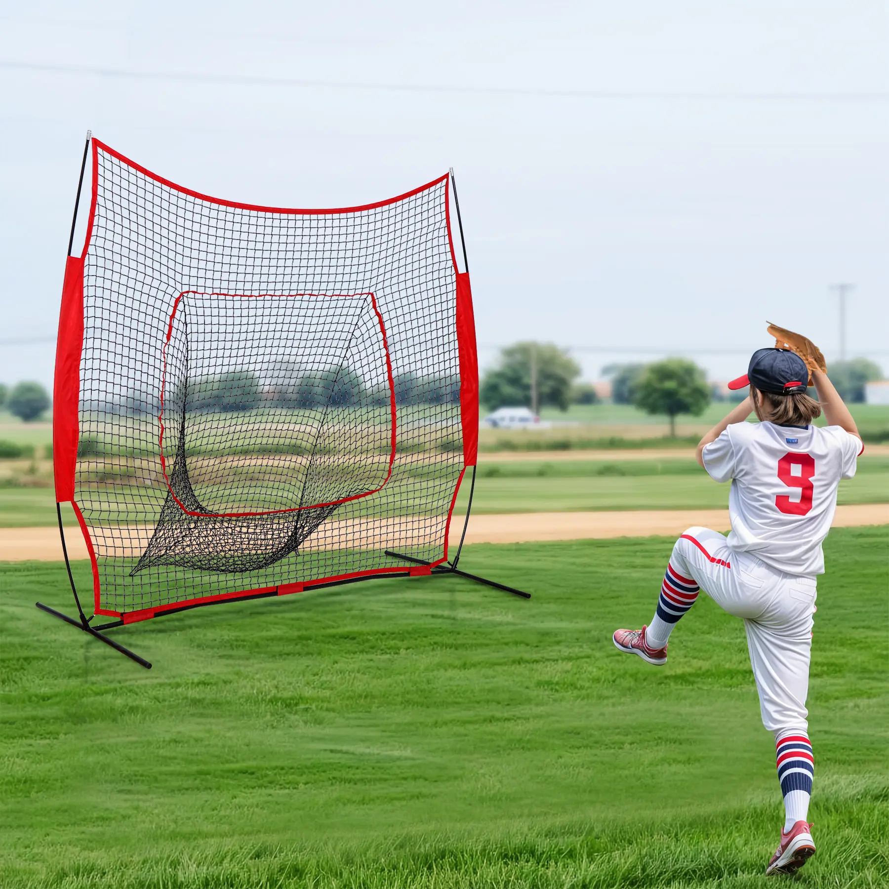 Zeny Portable Baseball Training Net - 7x7FT/5x5FT Sizes, Collapsible Lightweight Frame (12 lbs), Polyester Mesh, Softball Training Aid, 4x Metal Stakes, Carrying Bag, Durable Batting Practice Equipment for Grass/Dirt Tee Work, Hitting Practice