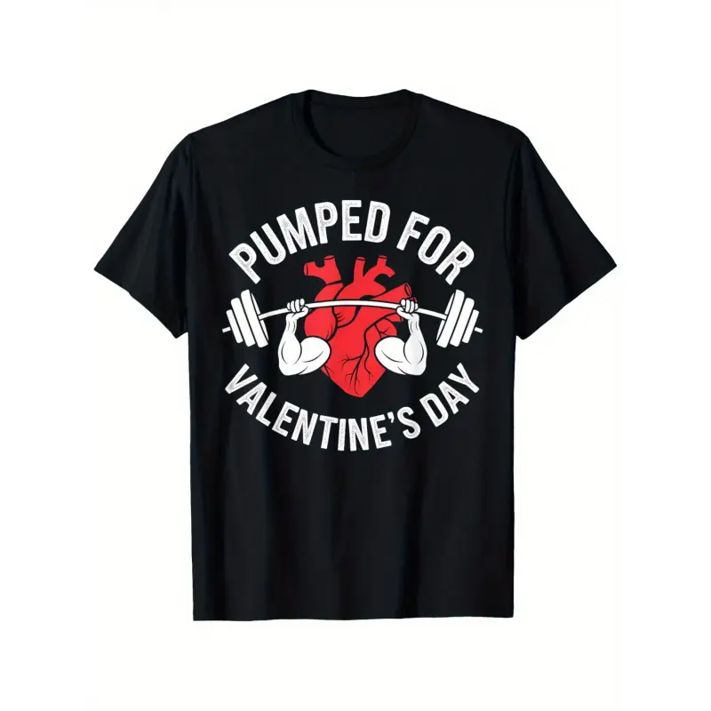 Pumped for Valentine's Day Weightlifting Graphic T-Shirt - 100% Cotton, Black with White & Red Heart Design, S-XXXL, Unisex Casual Workout Tee for All Seasons, Weights for Working Out