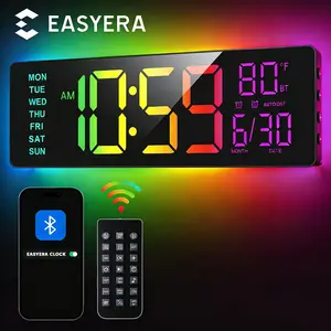 EASYERA 16.5" Large Digital Wall Clock with BT Sync, RGB Lights with 11 Scenes Mode Remote Control, Big LED Clock with Dual Alarms, Auto DST, Temperature for Classroom Gaming, Office, GameRoom, LivingRoom