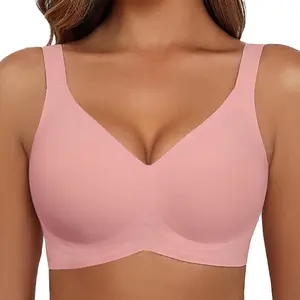 Bras for Women Seamless Bra Full Coverage T Shirt Bralettes V Neck Wireless Bra Comfortable Brassiere