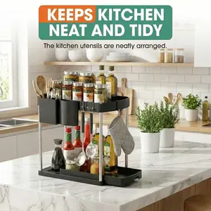 2 Tier Pull Out Organizer Rack for Kitchen, Bathroom & Desk, Large Capacity Drawer Style Storage Shelf for Spices, Toiletries & Stationery, Countertop Space Saving, Durable & Non-Slip Multi-Functional Home Storage