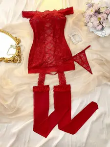 [HANOVER] 2pcs Lace Patchwork Criss-Cross Strap Off-Shoulder Sexy Lingerie Set: Nightgown + G-String