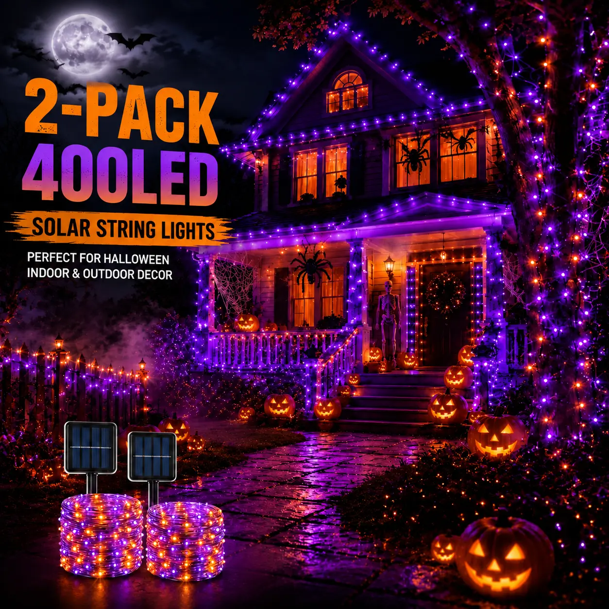 Halloween Solar-Powered Outdoor Copper String Lights Set (2-Pack) - 400 LEDs Total, IP44 Waterproof, 8 Light Modes, Ideal for Tree, Garden Decor