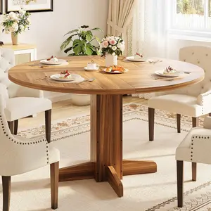 Round Dining Room Table for 4-6, 47" Wood Kitchen Table with Sturdy Pedestal Base, Farmhouse Circle Dinner Tables for Living Room, Apartment, Walnut