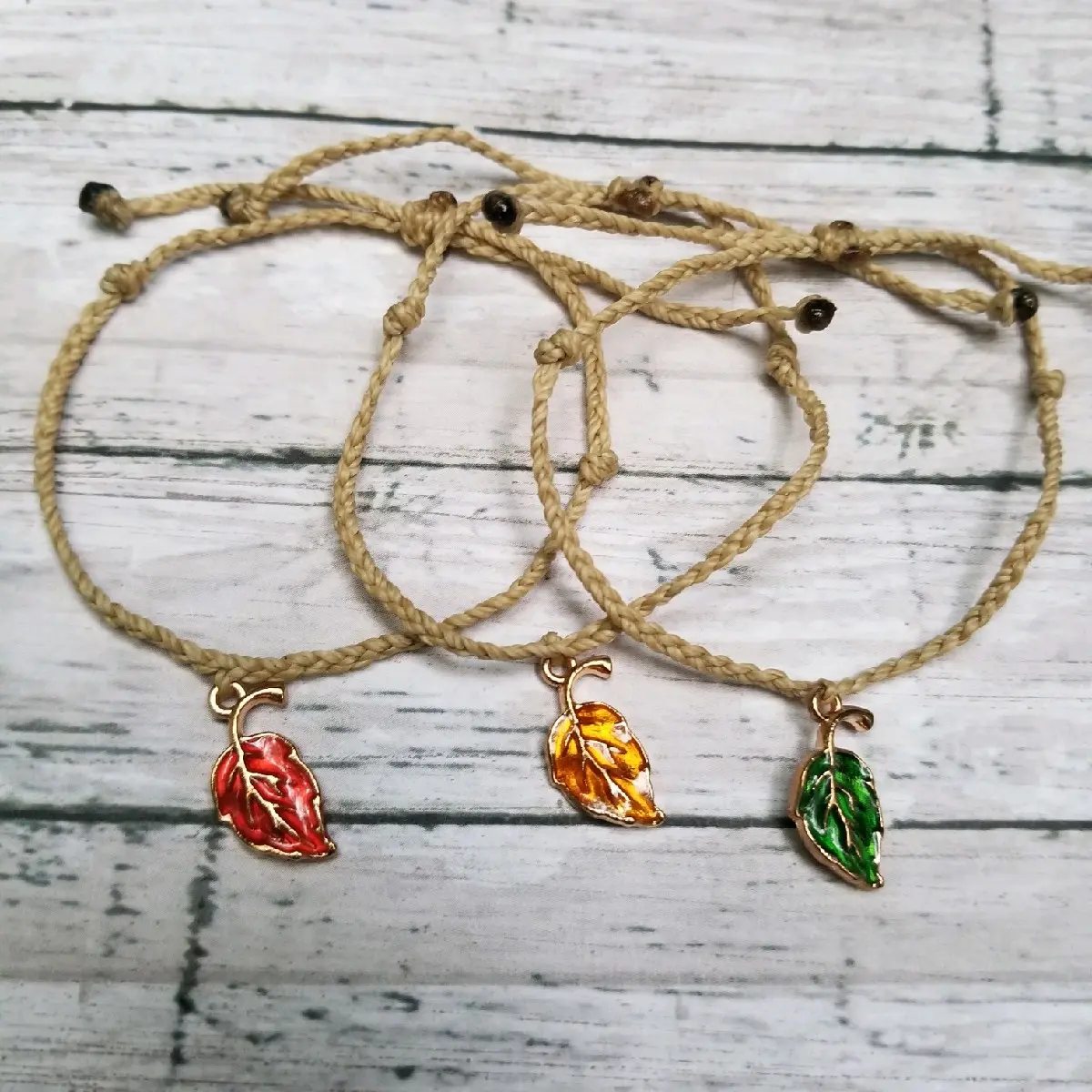 Enamel Fall Leaf Charm Woven Waxed Polyester Friendship Bracelet