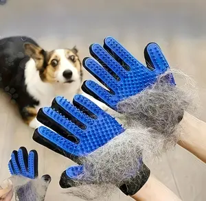 Pet Grooming Glove 2-in-1 Gentle Deshedding Brush, Soft Massage Fur Removal Tool for Dogs Cats, Non-Slip No Scratching, One Hand Use for All Long & Short Fur  Cleaning