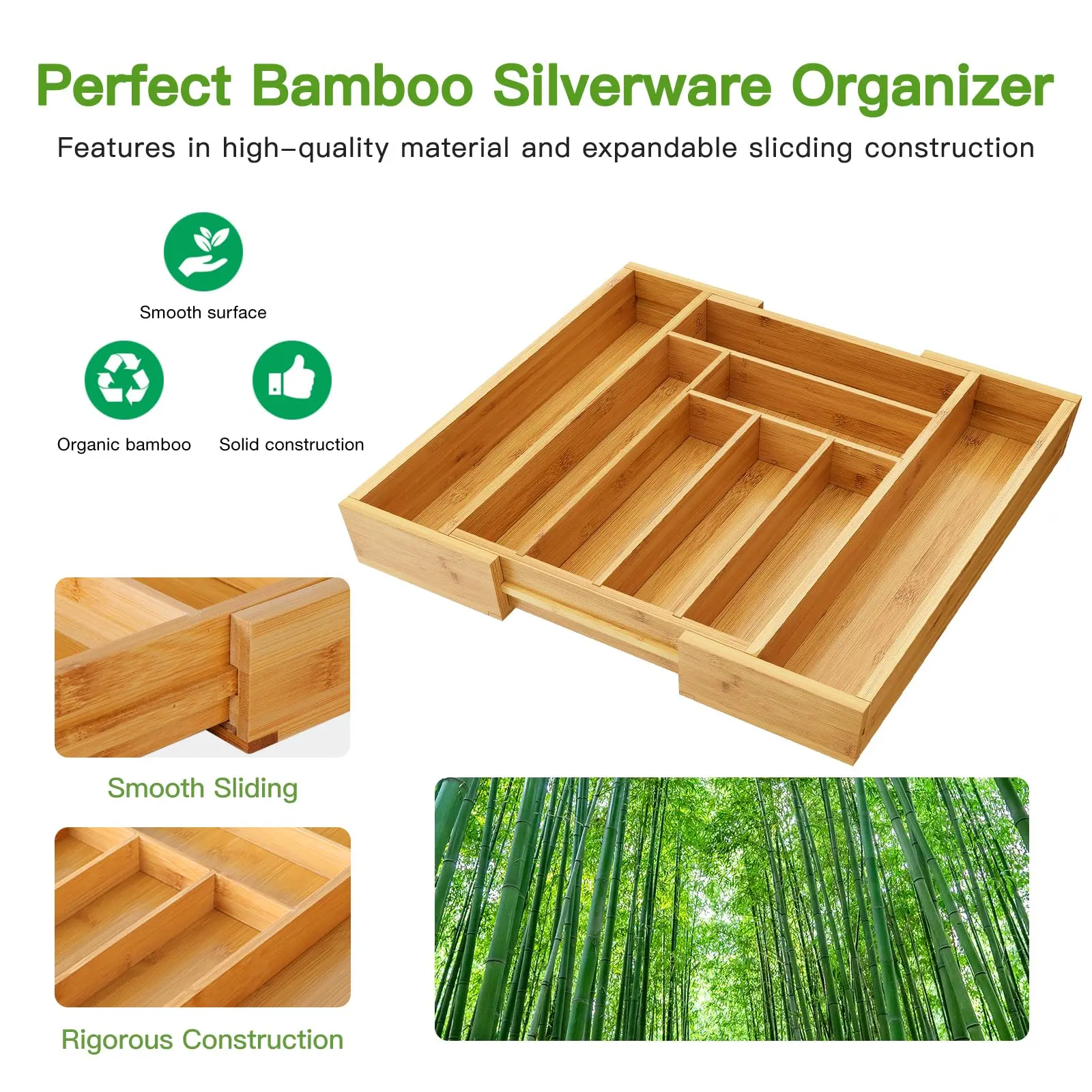 Bamboo Expandable Silverware Drawer Organizer, Adjustable Kitchen Utensil Tray for Forks, Spoons and Knives, Wood Storage Cutlery Holder for Bedroom and Living Room