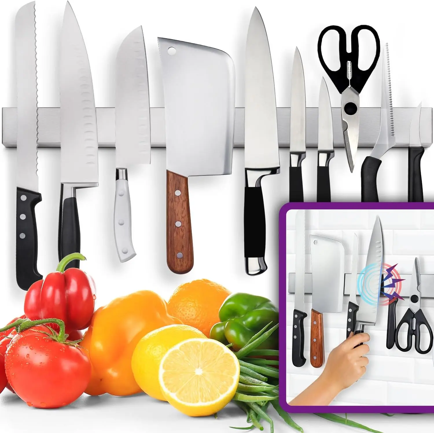 304 Stainless Steel Durable Magnetic Knife Holder - Rotatable Kitchenware Storage Rack with Anti-Cutting Protection, Quick Grab Access for Knives, Modern Father's Day Gift Option