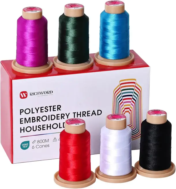 PooLin Richword Embroidery Polyester Color Thread Spools, 40wt 108D/2, 800m per Spool, 6 Colors for Sewing & Embroidery Machines
