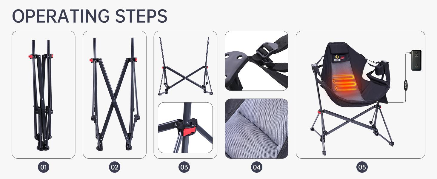 Heated Hammock Camping Chair, Swing Chair, Folding Rocking Chair, Camping Chair, High Back with Stand, Cup Holder, Side Pocket, Heavy Duty 10000mAh Power Bank Included