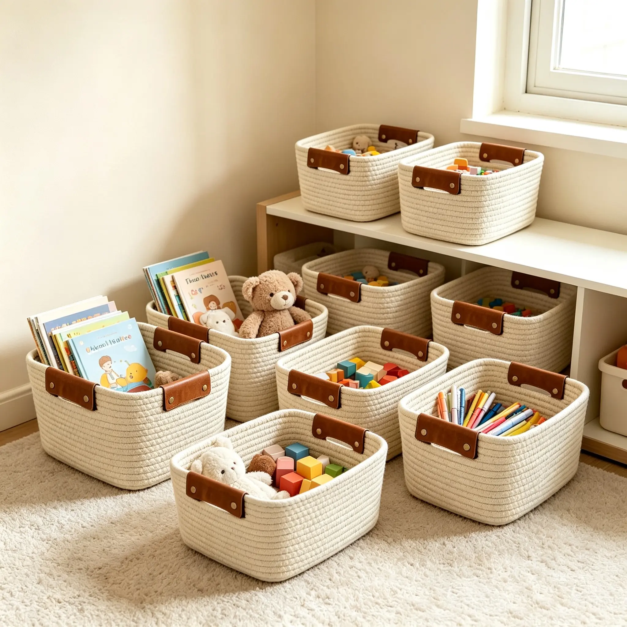6-Pack Cotton Rope Collapsible Storage Baskets with Leather Handles - Assorted Sizes Rectangular Organizer Bins, Retro Home Organizers for Shelves, Bathroom, With Handle, Retro Look