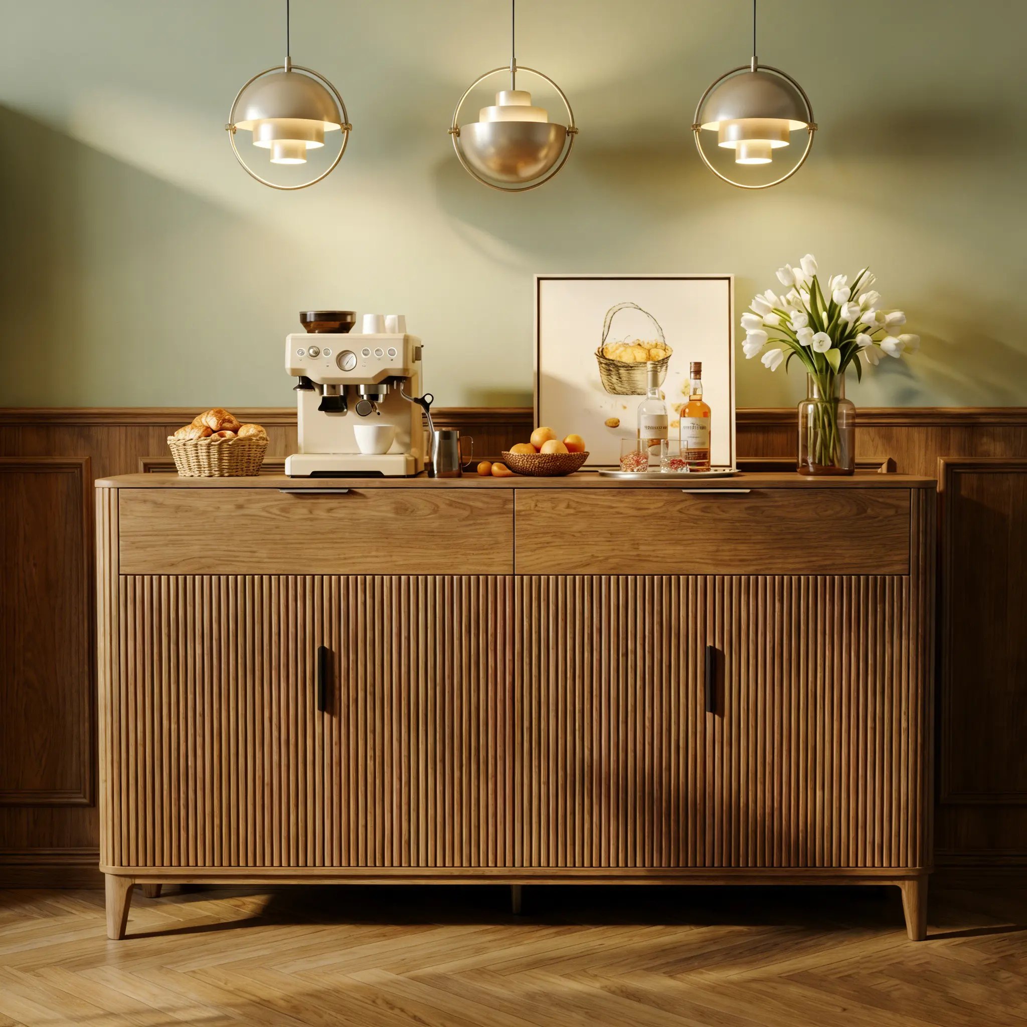 TOKSOM Buffet Sideboard Cabinet with Storage,55" Fluted Cabinet Storage Cabinet with Drawer & Adjustment Shelf  Modern Console Cabinets for Kitchen,Living Room,Walnut/White