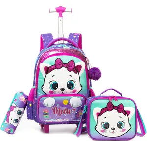 Large Capacity Kids Rolling Backpack Set with Matching Lunch  and Pencil Case Featuring Adorable Cat Design versatile casual trend suitable Rainbow Butterfly Girls Backpack Set essentials comfortable toddler gift school bag outdoorfun