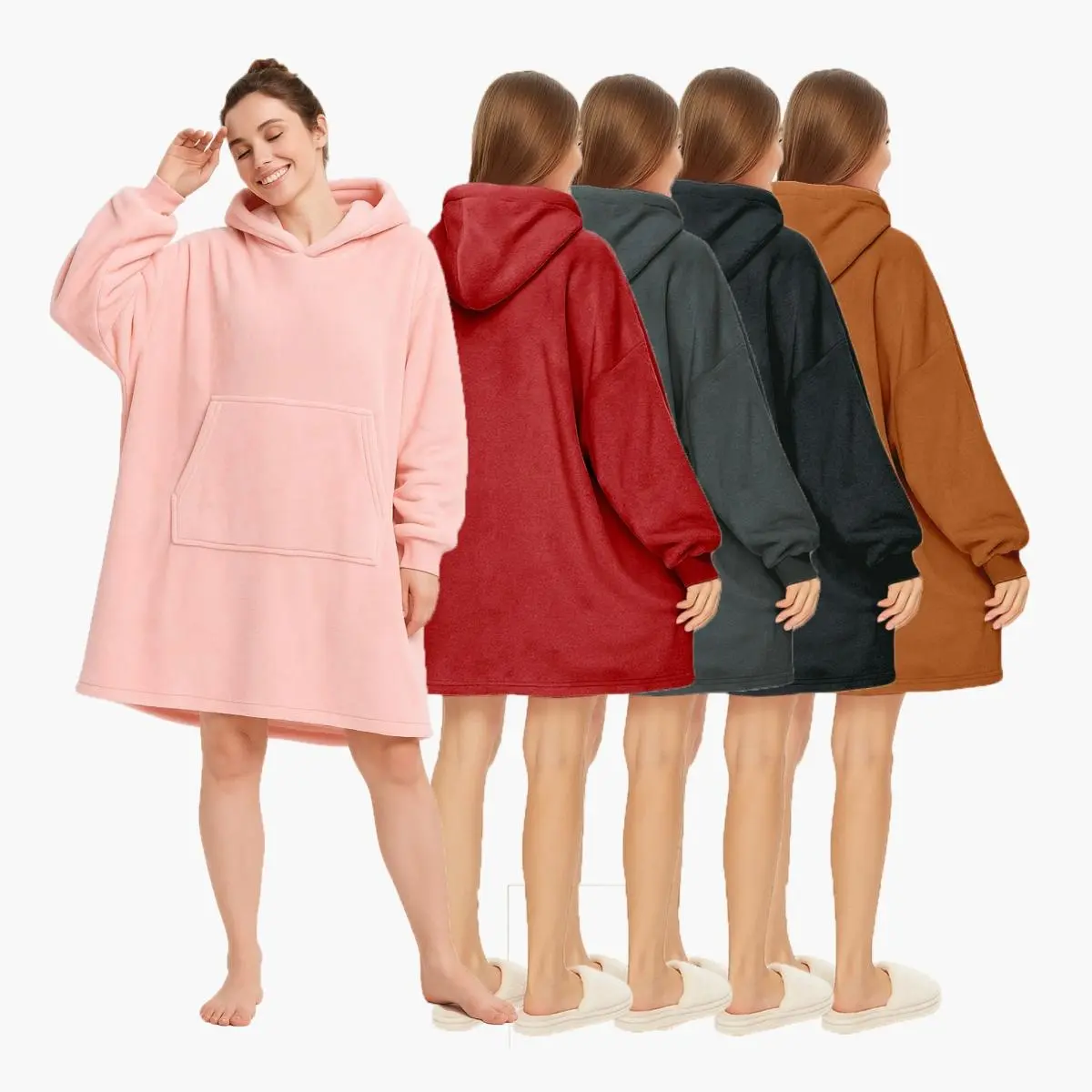 Women's Solid-Color Flannel Oversized Hooded Blanket Robe - Longsleeves Pullover Hoodie, Soft Flannel Feels Gentle on Skin, Lightweight for Travel & Errands, Kangaroo Pockets, Ideal for Home Lounging & Dog Walking, Outerwear-Style Self-Care Lounger