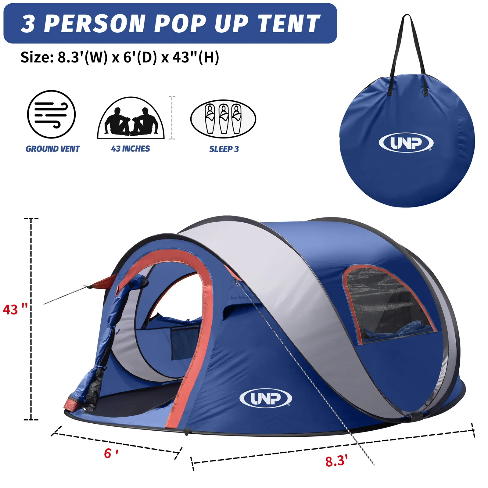 UNP 3-Person Pop-Up Tent, Instant Setup, Waterproof & Windproof, 8.3'x6'x43" with Removable Awning, Portable Family Beach Tent, Easy Setup for Travel & Backyard, Mother's Day Gift Idea essentials camping quick popup