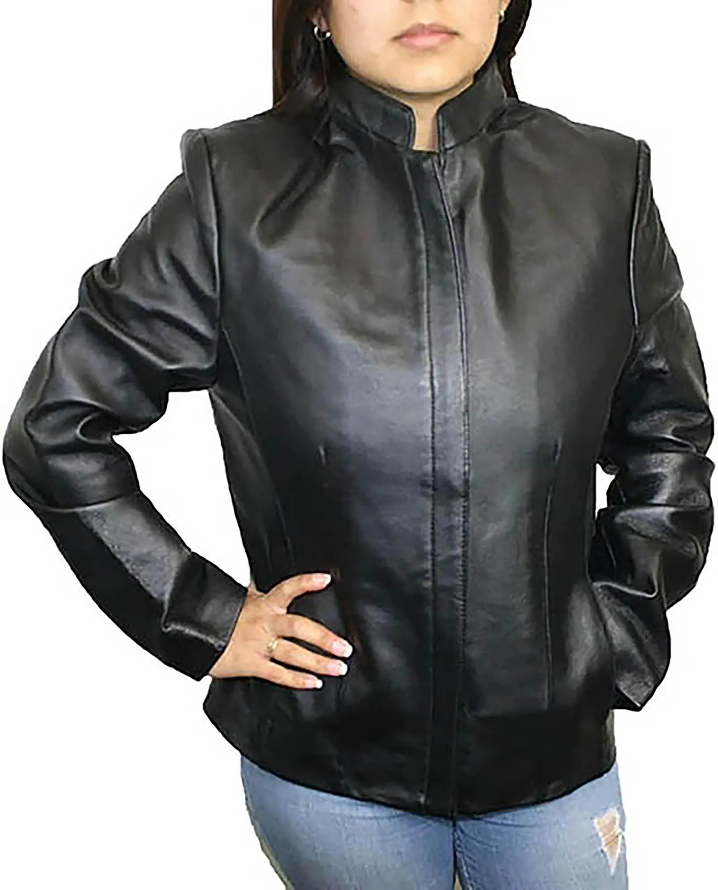 Dona Michi Women's Genuine Soft Leather Zipper Closure Jacket with Mandarin Collar Black Fashionable Outerwear Casual Coats Lightweight Nylon Pockets Top Grain Leather Womenswear Chic