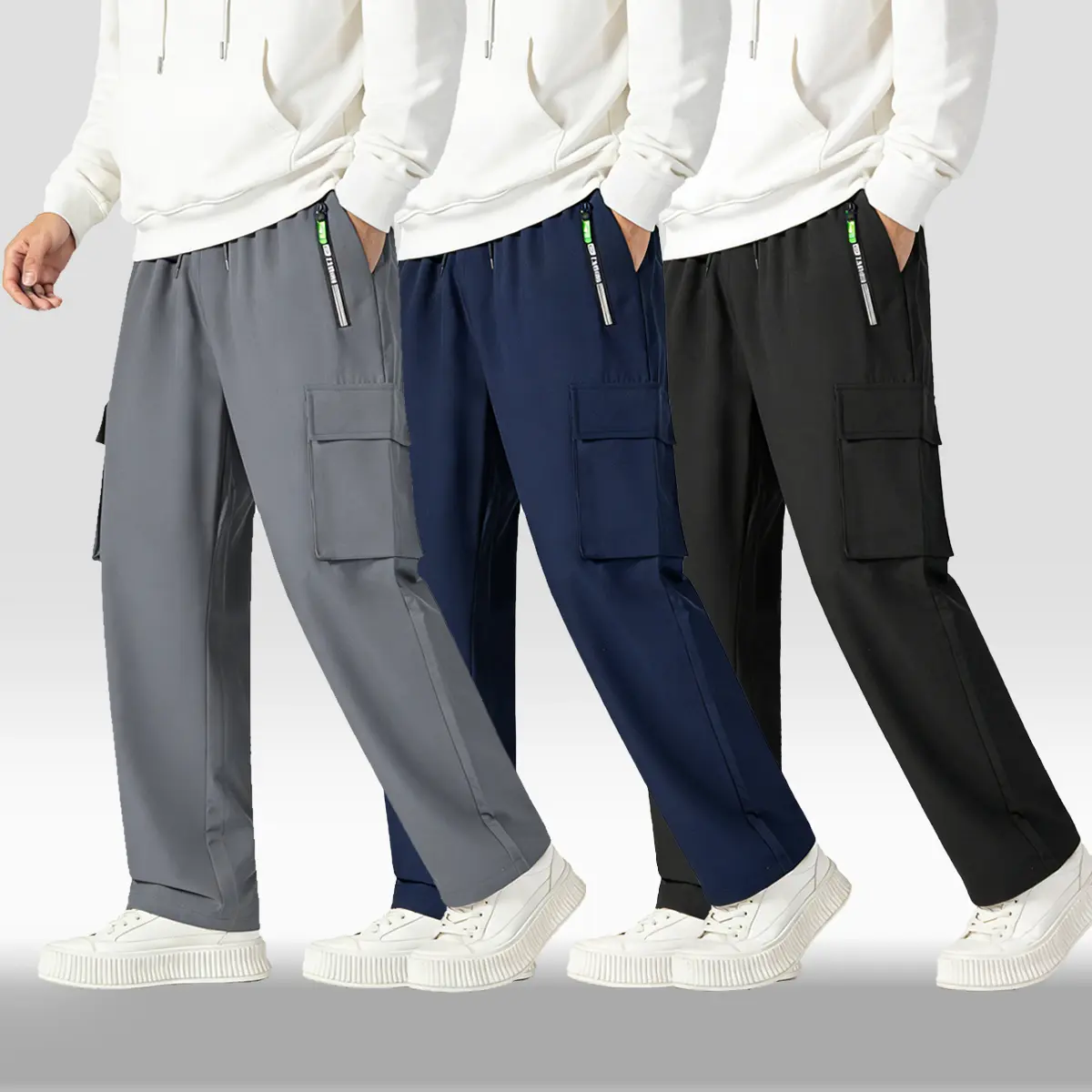 Men's Loose Fit Cargo Pants - Quick-Dry, Breathable Ice Silk Fabric for Outdoor Hiking, Sporty Chic Style with Multiple Zipper Pockets, Menswear, Baggy, Sweat, Trouser, Straight, Fitness, Drawstring, One Pair Handles Work, Gym, And Hikes