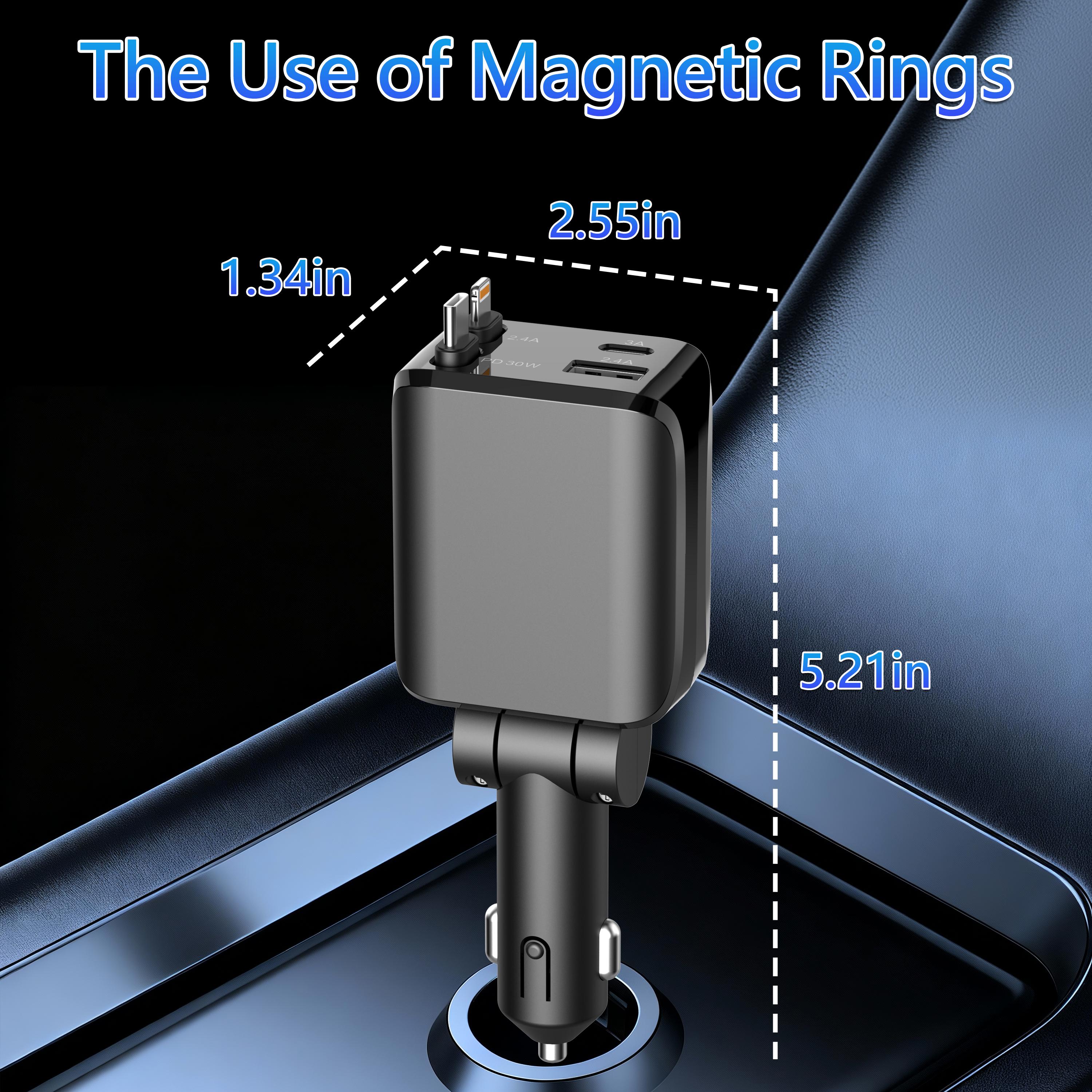 60W Retractable Car Charger | 4-in-1 USB-C Fast Adapter with Lightning Cable & Dual Ports for All Your Devices