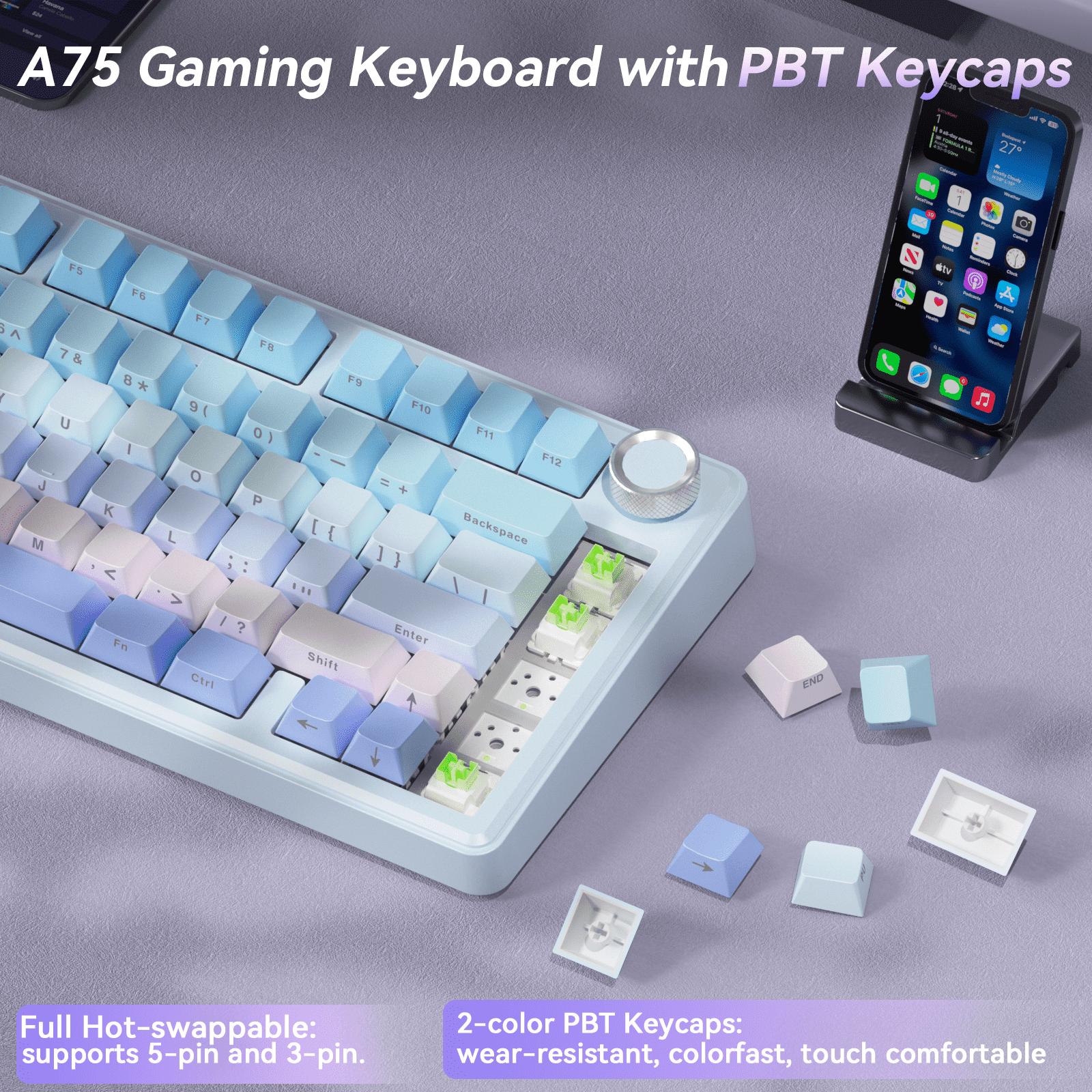 SOLAKAKA A75 Wireless 75% Mechanical Keyboard features hot-swappable keys, RGB lighting, a multi-function knob, sealed keys, PBT keycaps, and a creamykeyboard design. It is suitable for PC/Mac.