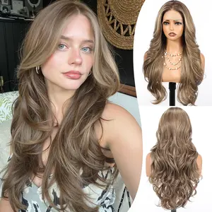 HAIRCUBE 13x4 HD Lace Front Synthetic Ash Brown Highlight Wig for Women 26 Inch,Heat Resistant Long Wave Layered, Glueless Lace Front Wigs