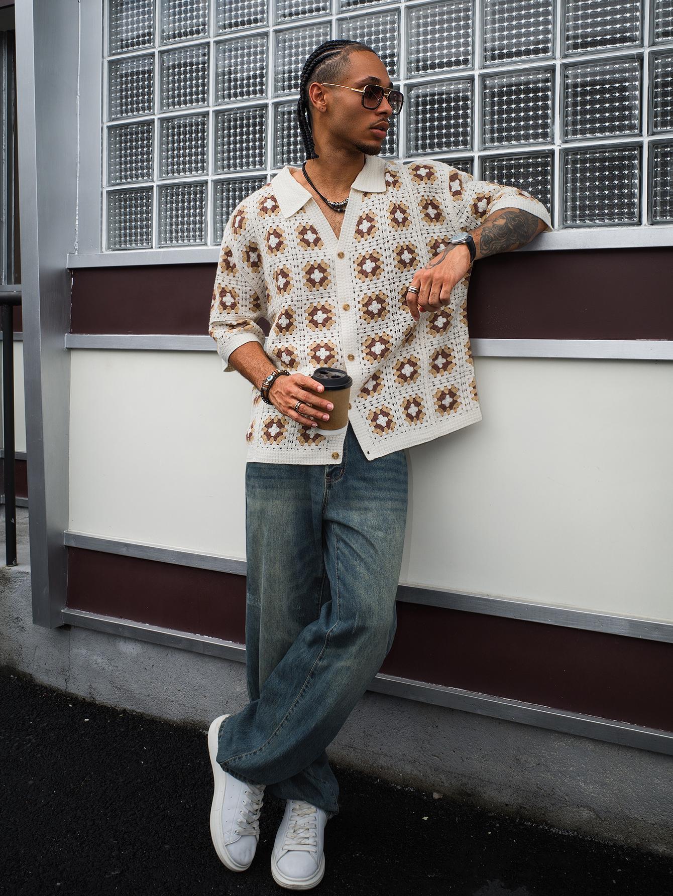 Men's Summer Cool Knitted Short-Sleeve Shirt Baby Blue Boho Vacation Casualwear Loose Fit Collared Button Closure All-Over Print Menswear Acrylic Knitwear