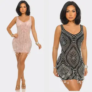 Midnight Sparkle Crystal Fringe Mini Dress | Rhinestone Bodycon Party Dress