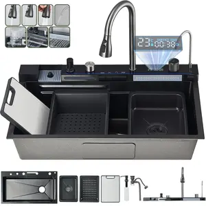 Modern 29.5x18 inch Stainless Steel Waterfall Kitchen Sink with Pull Out/Down Faucet Drop in Single Bowl Sink with Drain Assembly Accessories Flying Rain Mixer Faucet