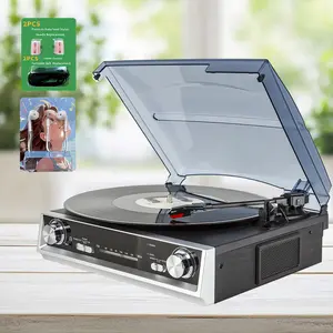 Vinyl record player, 2 turntable cartridges, , 2 turntable belts, 1 3.5 mm wired headphone earbud. Belt drive vintage phonograph, 3 speeds, FM reception, radio reception, 3.5 mm music out jack, headphone jack, back
