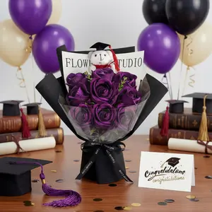 3 Pcs Graduation Gift DIY Bear Flower Bouquet Set with Artificial Roses Flower Bouquet Mini Plush Bear with Grad Cap Greeting Card Gift Bag for 2026 Graduation Party Favors Supplies, Gift for Graduate
