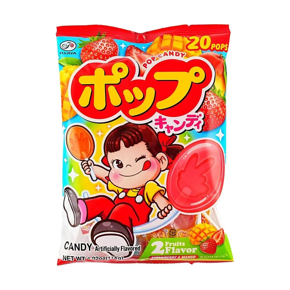 FUJIYA Japanese Strawberry & Mango Flavored Lollipops - 20 Count (114g) - Fun Fruity Candy Snacks for Kids & Adults