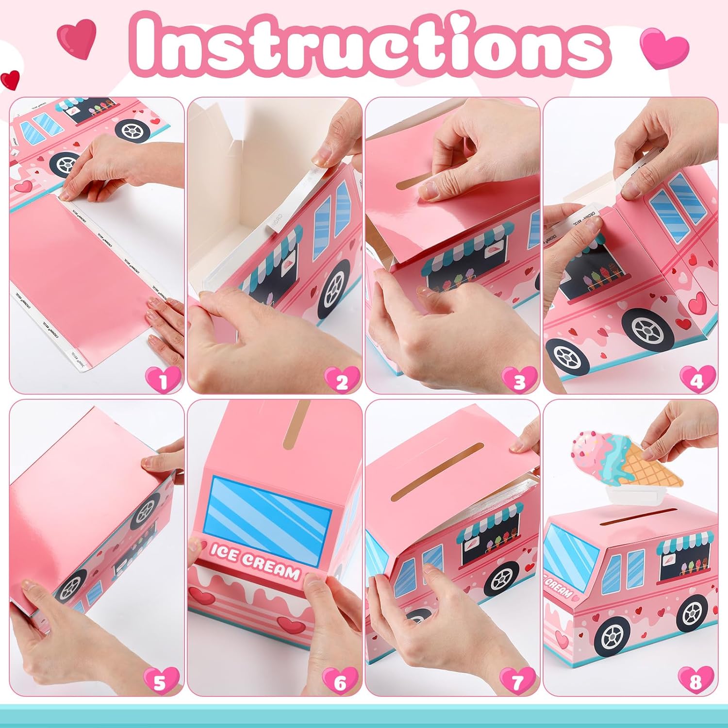 Valentines Day Mailbox with 30 Pcs Dessert Cards DIY Pink Ice Cream ...