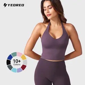 YEOREO Womens Halter V Neck Padded Crop Tank Top Sleeveless Backless Hazel Camisole Trending Aesthetic Summer Fit Workout