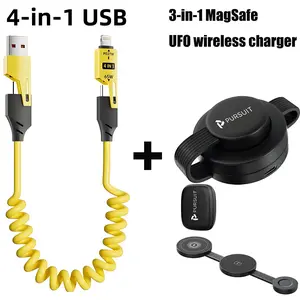 4 in 1 Spring Fast Charging Cable, 65W USB-C PD Multi Fast Charging, Universal USB Charger Cable 1.2m/4ft Coiled Retractable Cable  Fast Car Charging & Data Sync for iPhone Samsung Laptop