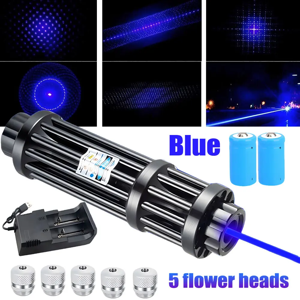 【BackToSchool】Adjustable Blue Laser Pointer Visible Dot Torch Light With 2 Batteries 5 Heads