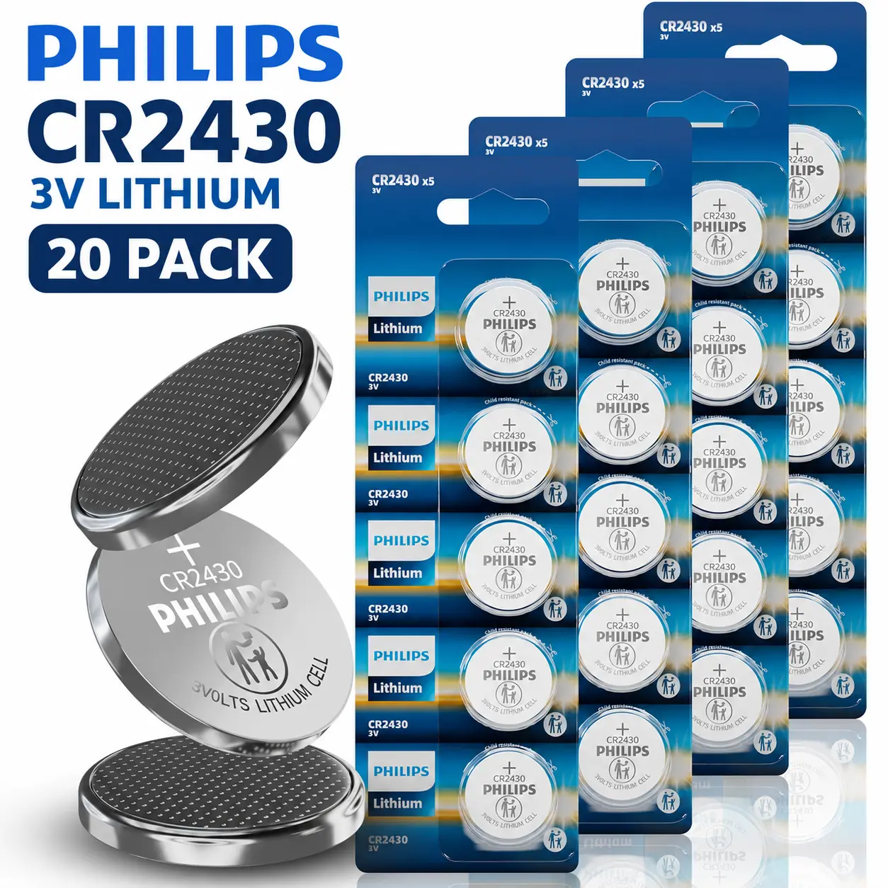 PHILIPS CR2430 3V Lithium Coin Batteries - 3v Voltage Lithium Cells, 5/20 Pack, 10-Year Shelf Life, Leak-Proof, Polarity Match Replacement for Smart Remotes, Car Keys, Watches, Device